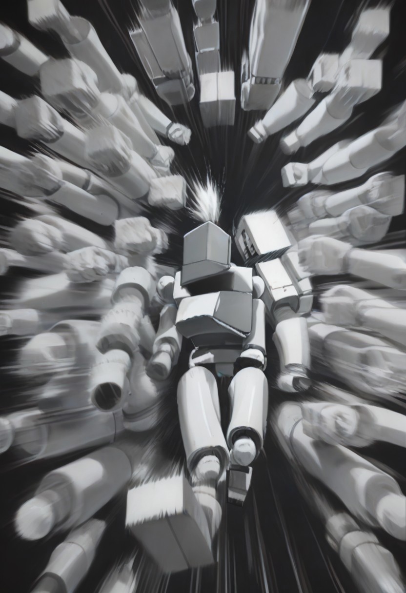 Score_9, score_8_up, score_7_up, BoxPerson, monochrome, greyscale, no humans, robot, mecha, humanoid robot, rushpunch,punching,multiple hands,fists,clenched fists,(motion_blur:1.2),(motion line:1.1),speed_lines