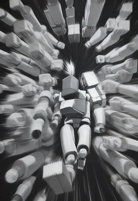 Score_9, score_8_up, score_7_up, BoxPerson, monochrome, greyscale, no humans, robot, mecha, humanoid robot, rushpunch,punching,multiple hands,fists,clenched fists,(motion_blur:1.2),(motion line:1.1),speed_lines
