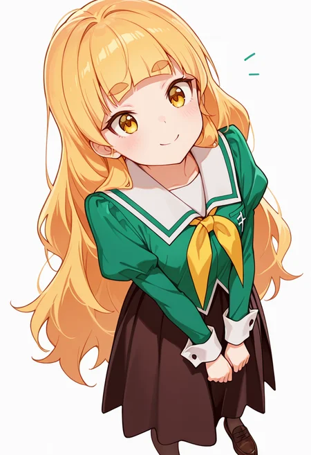 masterpiece,high quality details,absurdres, 
<lora:Shiraki_Hime:0.8>
hime_cnr, 1girl, blonde hair, very long hair, yellow eyes, blunt bangs, thick eyebrows,
hime_s1,green shirt, white sailor collar, serafuku,long skirt,black-brown skirt, juliet sleeves,pantyhose, loafers,, simple background, white background, front view,solo,, ^q^,