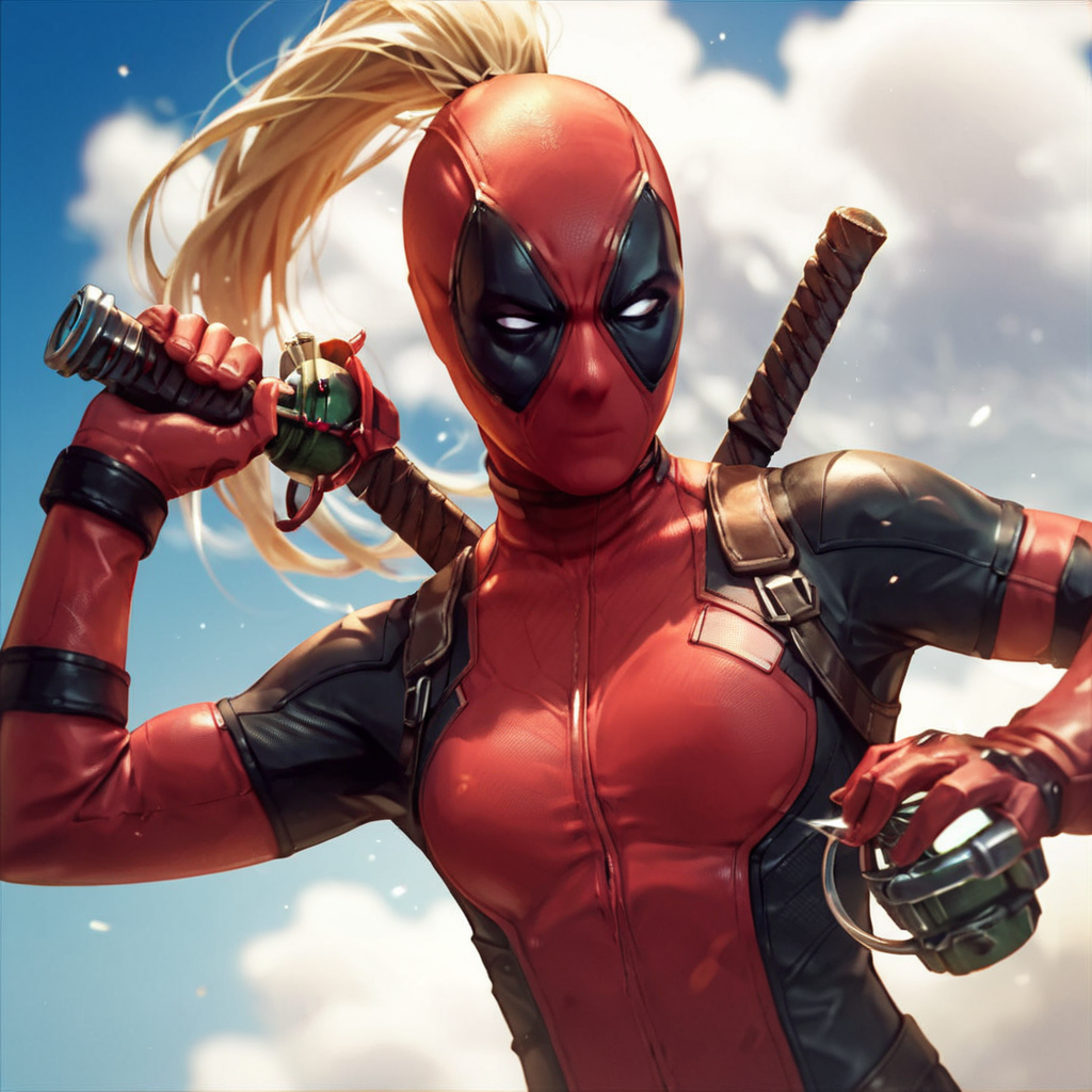 score_9, score_8_up, score_7_up, score_6_up, score_5_up, score_4_up, source_anime,  LadyDeadpool, bodysuit, no mouth, wave, holding hand grenade