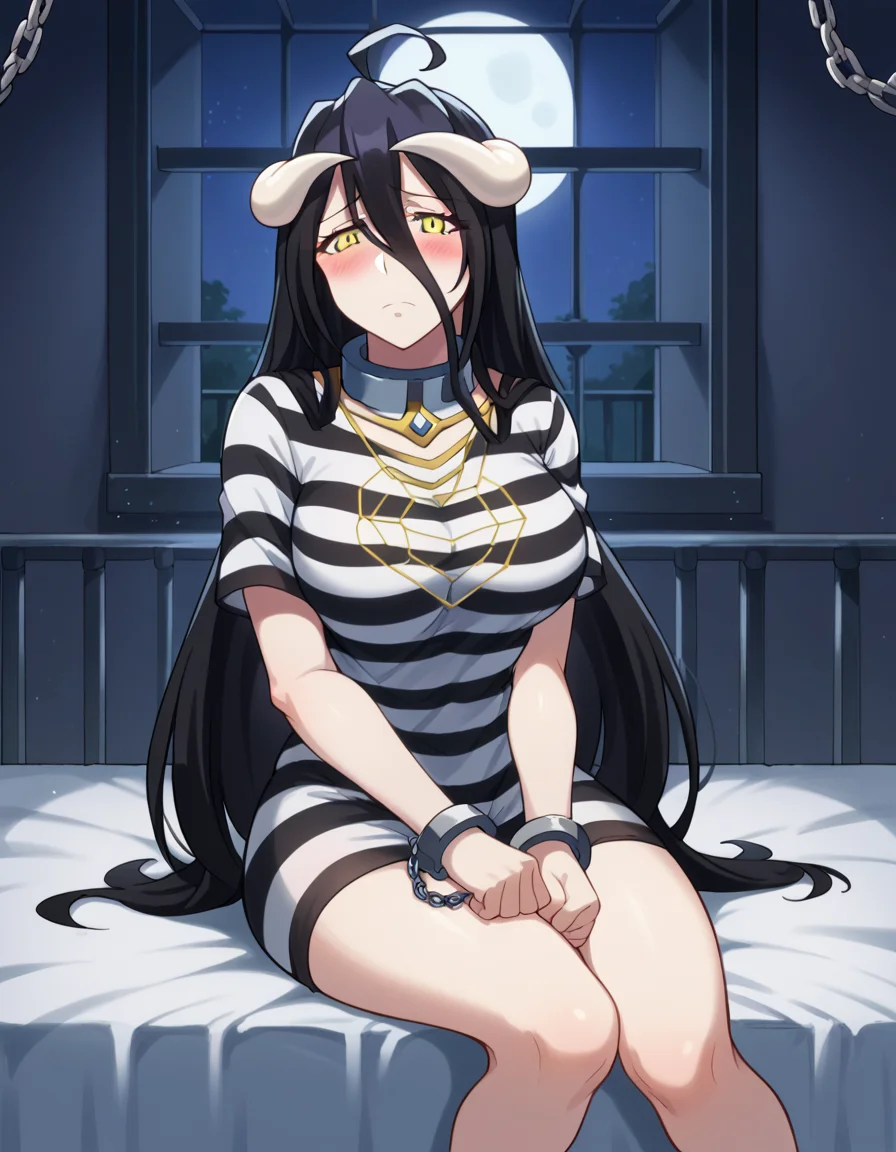 score_9, score_8_up, score_7_up, source_anime, <lora:overlord-albedo-s1s2-ponyxl-lora-nochekaiser:1>, albedo, ahoge, black hair, horns, long hair, yellow eyes, large breasts,, <lora:prison-clothes-ponyxl-lora-nochekaiser:1> prison clothes, prisoner, prison cell, prison, striped shirt, shackles, handcuffs, chain,, sitting, on bed, looking at viewer, blush, night, moon, moonlight, night sky, window, three quarter view, cowboy shot,