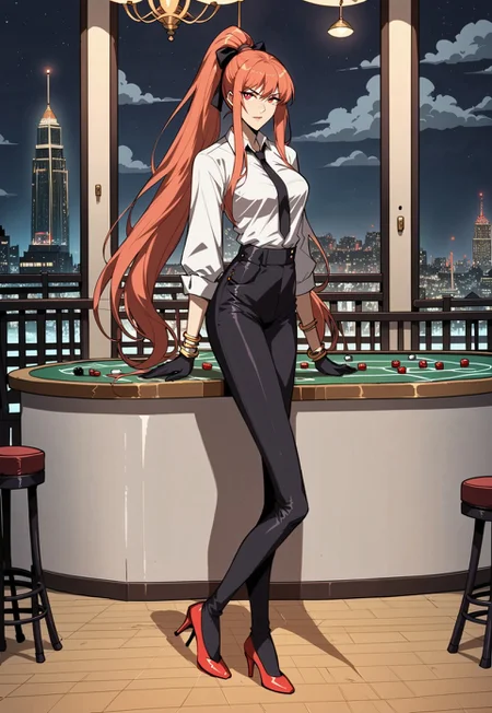safe_pos, score_9, score_8_up, score_7_up, 1girl, night, indoor, in a casinò, full body, dynamic shot, from high, long legs standing behing a poker table, green table, solo, dynamic pose, Feng Ling, orange hair, red eyes, medium breast, long hair, ponytail, black pants, white shirt, long sleves shirt, black gilet, black neck tie, red heels, gold slim bracelets, black gloves, looking at the viewer, long legs, nice legs, white hips ultra detailed, masterpiece, <lora:add-detail-xl:1>, <lora:StS_PonyXL_Detail_Slider_v1.4_iteration_3:4>