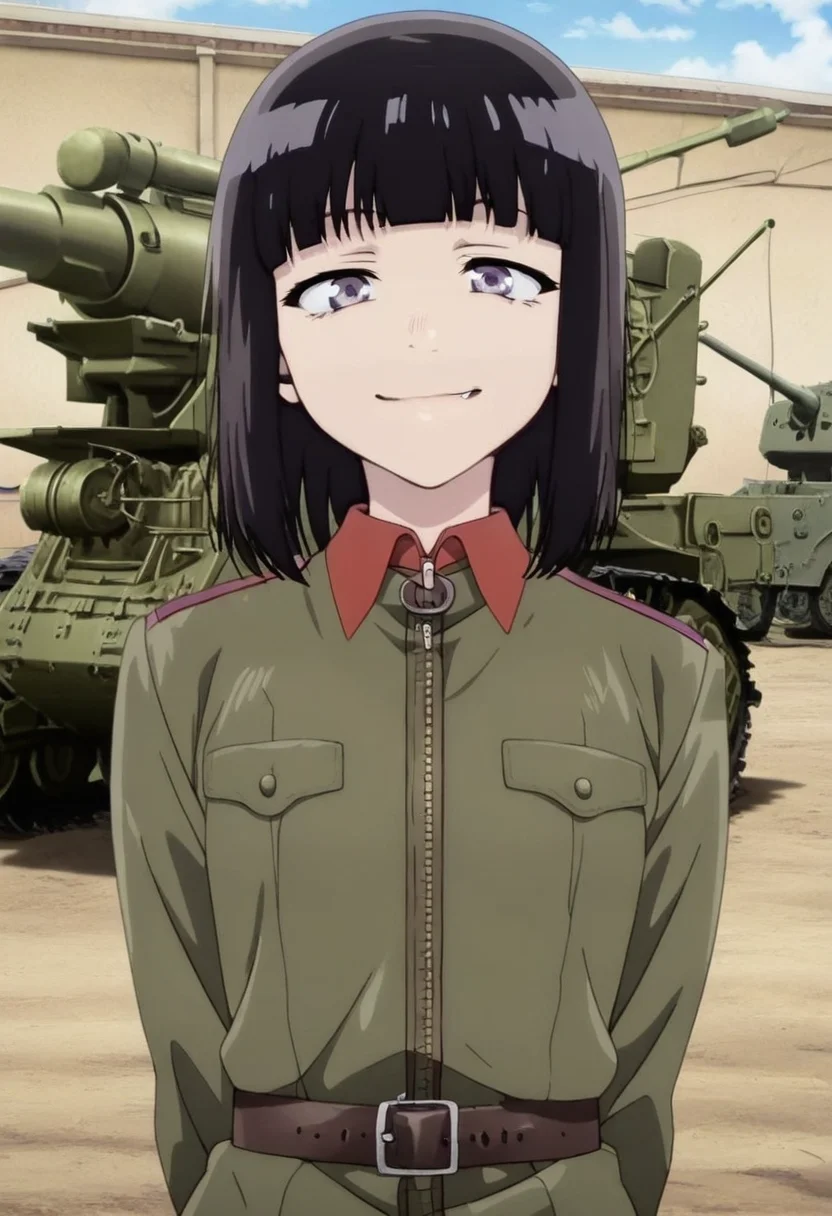 masterpiece, best quality, absurdres, detailed skin, detailed eyes, anime colored, anime screencap,
outdoors, plain,
<lora:Suzushiro_Hatsuka_IL-000008:0.9>, 1 boy, femboy, SUzushiro Hatsuka, blunt bangs, black hair, black hair, fang, smile, looking at viewer, upper body,
<lora:Soviet_Military_Uniform:0.7> Soviet Military uniform, belt, upper body, looking at viewer, smile, open eyes, close up portrait,
<lora:B4_203mm_Howitzer:0.7>, ((B4howitzer)),