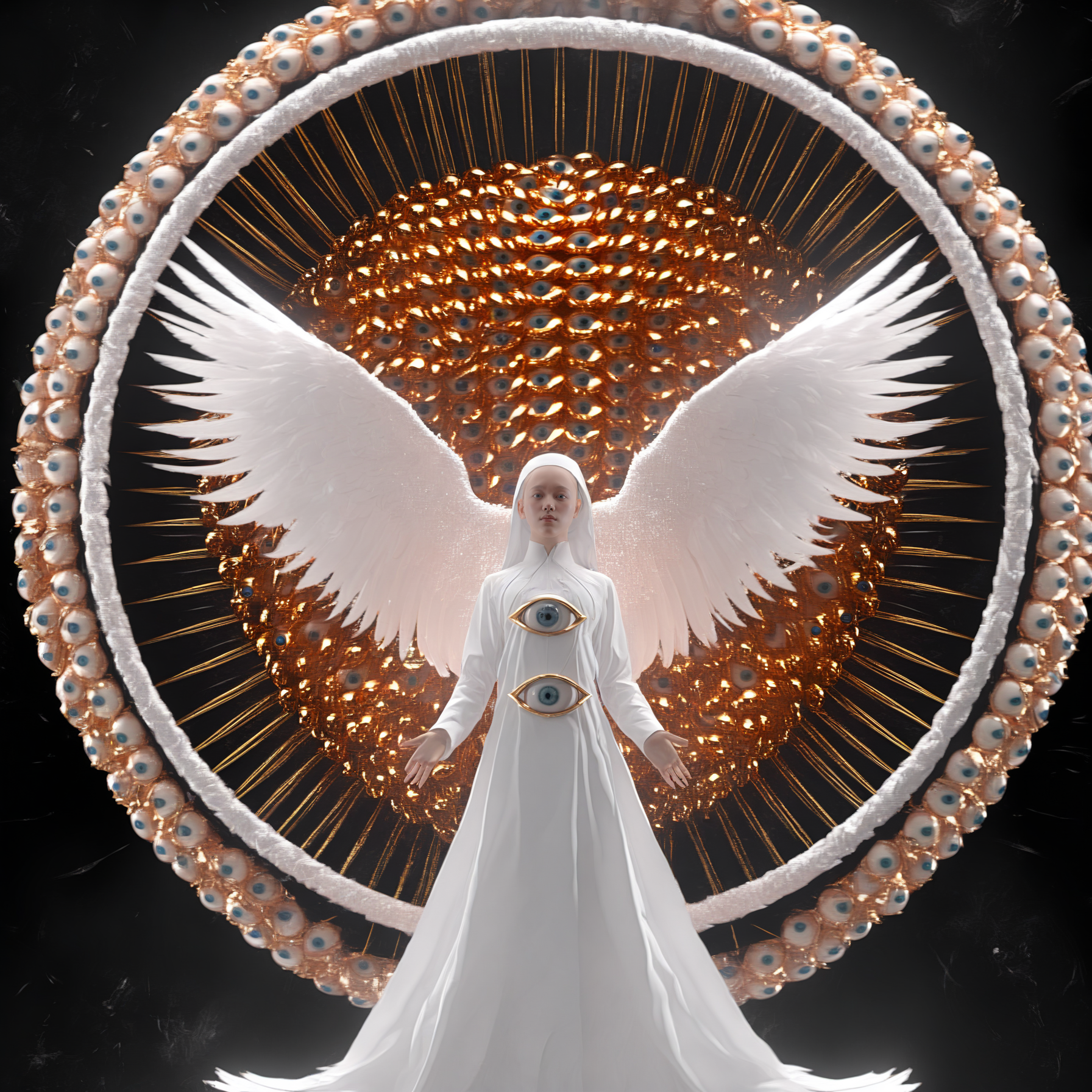 leogirl, seraphins, mystical creature with hundreds of eyes and wings, with the shape of a giant ring, circular hoops around body, massive size, angelical lights <lora:Seraphins1.0-000038:0.8>