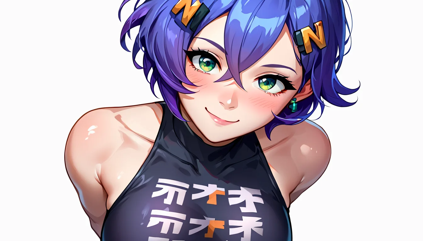 score_9, score_8_up, score_7_up, source_anime, masterpiece, perfect eyes, belle_zenless_zone_zero, <lora:Belle_Zenless_Zone_Zero_Pony:0.7>, 1girl, arms behind back, blue hair, blush, closed mouth, from above, green eyes, hair between eyes, hair ornament, hairclip, large breasts, looking at viewer, purple hair, short hair, sidelocks, simple background, smile, solo, standing, white background