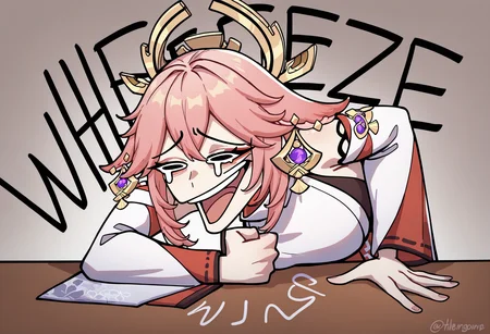 masterpiece, best quality, newest, absurdres, highres, 1girl, wheeze, upper body, laughing, tears, clenched hand, crying, english text, hand on table, open mouth, <lora:WheezeMeme_illusXLNoobAI_Incrs_v1-000013:1>, yae miko,