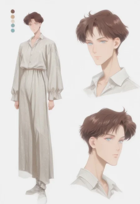 highres, hi res, best quality, masterpiece, intricate details, 4k, absurdes, anime style, detailed features, semi-realistic, painted style, detailed style, (((1boy))), ((solo)), [[mamoru_chiba]], (handsome anime guy), (beautiful face), [Crystal Movies Style], (alone), ikemenboys, CharacterDesignIllustrious, reference sheet, simple white background, (color guide:1.2), (multiple views), (full body), dynamic pose, well-defined features, Realistic facial features, [sharply defined jawline], 1nverness_c0at, dress shirt, [loose-fitting clothing], [[overdressed]], [clean-cut], [[fashionable]], detailed eyes, big anime eyes, (beautiful light blue eyes), piercing blue eyes, [glistening eyes], perfect eyes, beautiful light blue eyes, blue eyes, glitter eyes, sparkling eyes, (high-placed eyes), [pointy chin], angular features, (sharp chin and jawline), sharp features, realistic features, defined features, bangs, detailed hair, short hair, (dark brown hair), (darker hair color), streak of grey hair, attractive features, [masculine], [weak], [frail], (high and narrow features), narrow shoulders, [stubble], [pointy nose], attractive, long features, [natural eyeliner], [popular guy], (oval face), long face, detailed inner cheeks, sunken cheeks, strong cheekbones, [frail guy], dreamy, (handsome), [skinny], lanky, thin, small mouth, thin lips, (handsome ikemen), Caucasian, white, pinkish-pale skin, gaunt appearance, perfect face, [pretty boy], (handsome face), (gorgeous face), [[manly face]]