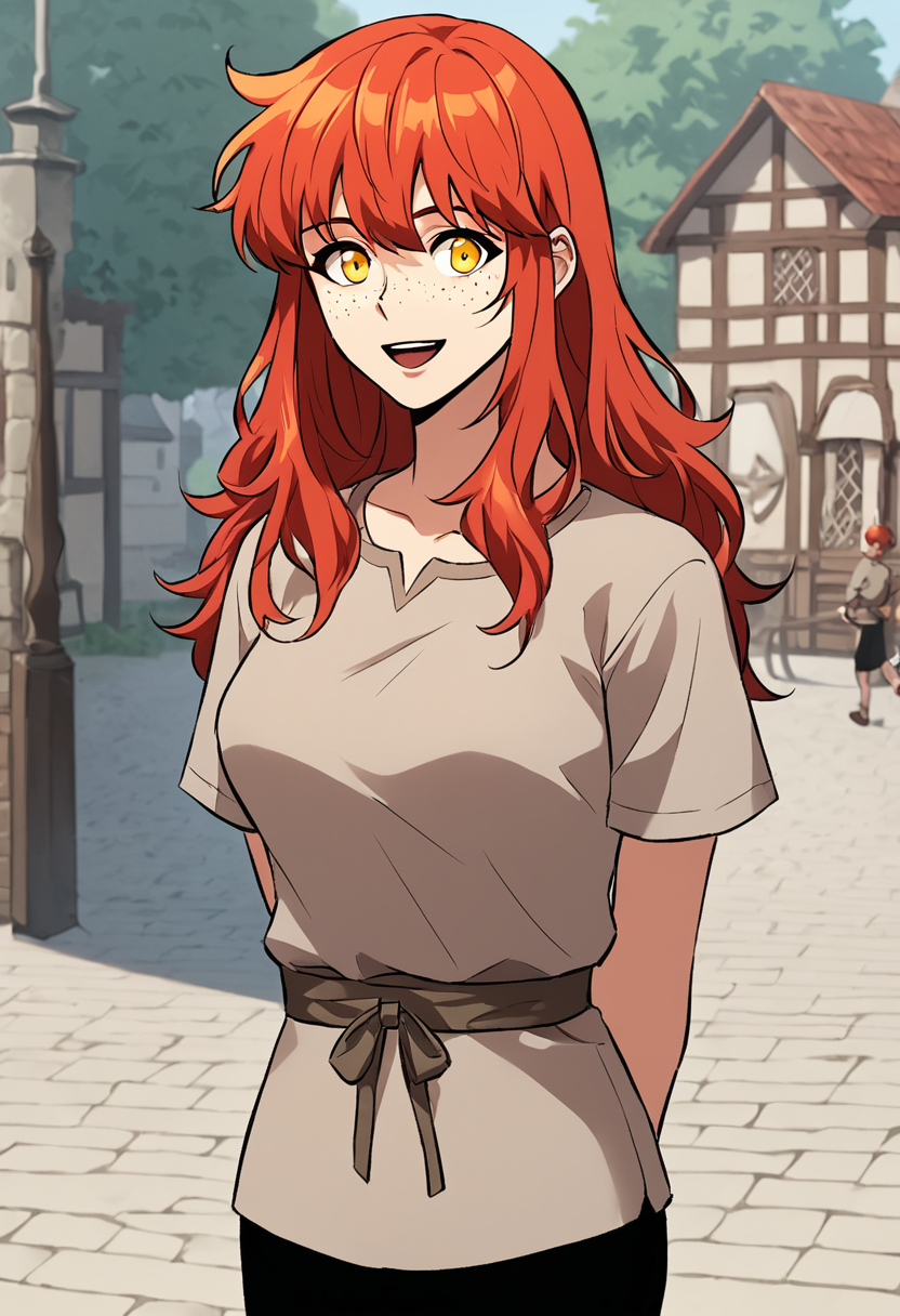 jenna_shirai, red hair, long hair, loose hair, straight hair,  sidelocks, yellow eyes, freckles,medium breasts, manhwa, webtoon,  villager_outfit, grey shirt, short sleeves, black pants
BREAK
outdoor, medieval village
BREAK
cowboy shot, looking at viewer, standing,open mouth, happy smile, flirty, arms behind back
BREAK
score_9, score_8_up, score_7_up, source_anime ,zPDXL, perfect hand ,   <lora:Jenna_Shirai_r2:0.8>
