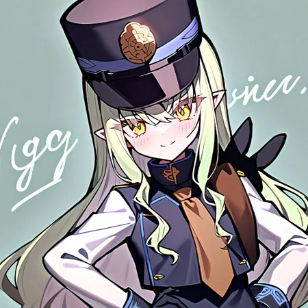 1girl, Melusine \(fate grand order\), fate grand order, solo, long hair, hat, white hair, pointy ears, yellow eyes, peaked cap, jacket, black gloves, hand on own hip, closed mouth, hair over one eye, looking at viewer, brown necktie, large breasts, eyes visible through hair, smile, long sleeves, ponytail, gloves, upper body, light green hair, character name, necktie, breasts, english text, blush, black headwear, white jacket, 
masterpiece,best quality,  newest, absurdres, safe <lora:ag31_twin_fp8-000036:1>