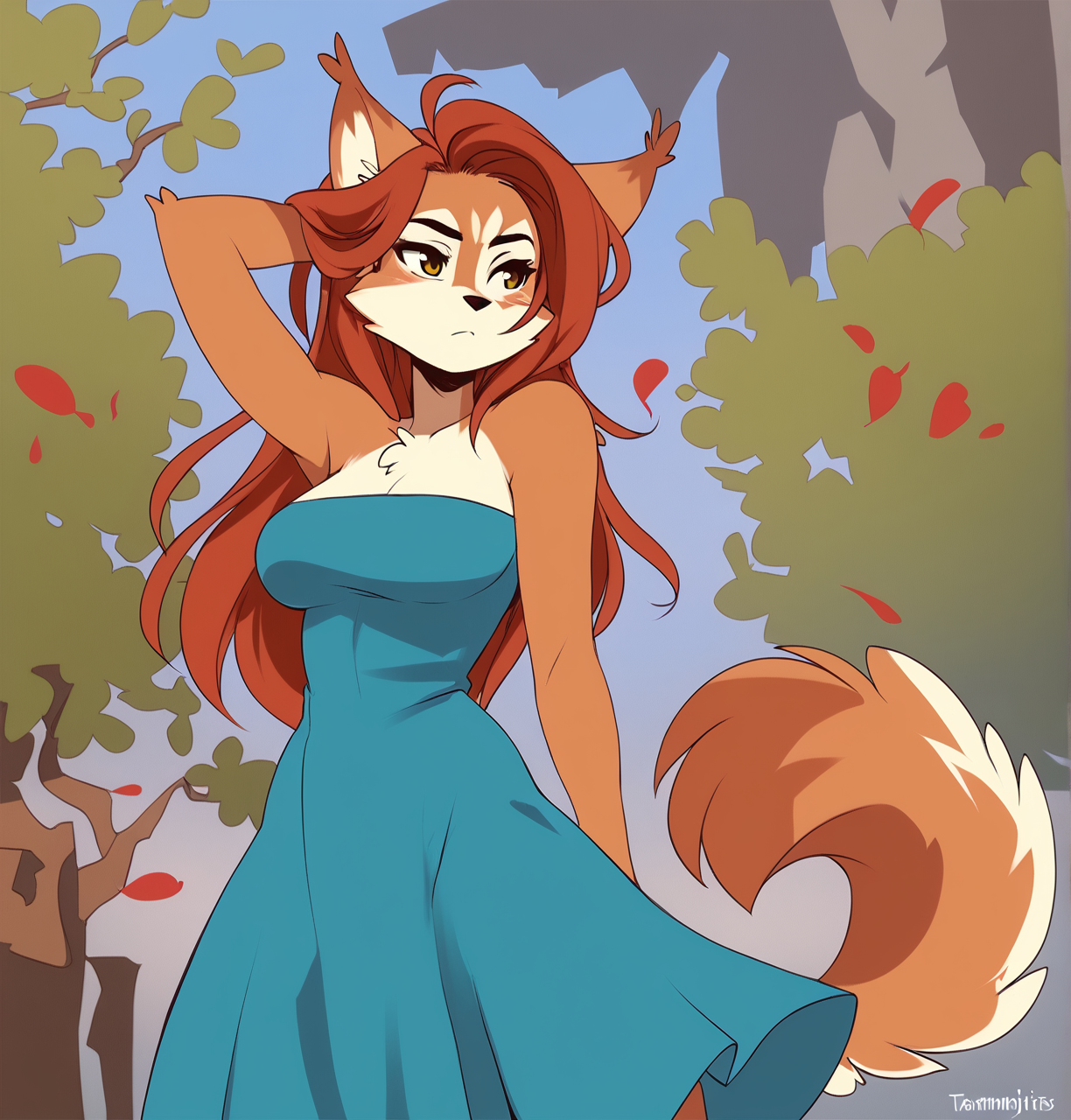 zPDXL3,misswitch,female,orange fur,<lora:MissWitch_Pony-000001:1>,dress,hands,art by Tsampikos,, <lora:PDXL_artist_tags_v2_big:1>