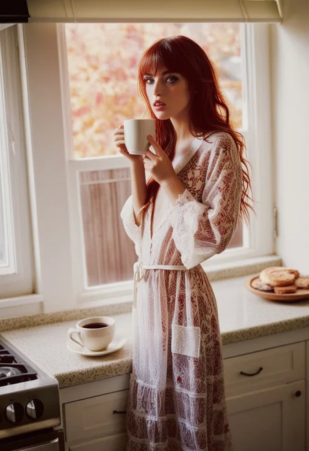 realistic, score_9, score_8_up, score_7_up, 1girl, Yor Briar, bangs, long hair, deep red eyes, in kitchen, near kitchen top, drinking hot coffee from mug, wearing nightgown, in morning, autumn season, sunlight coming through window, photography in the style of Guy Aroch