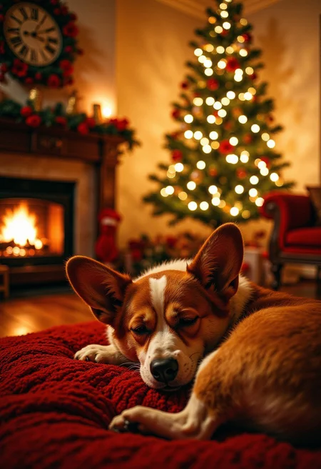 (Masterpiece, best quality, well lit, highly detailed) Christmas, Christmas party, Christmas tree, cozy, warm lighting, christmas living room, indoors, with a sleeping corgi,