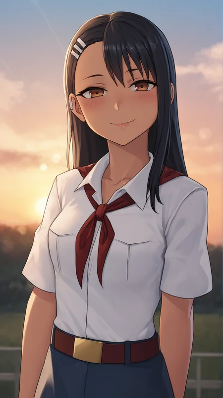 score_9, score_8_up, score_7_up,
best quality, masterpiece, ultra detailed,
looking at the viewer, looking at the camera,
portrait,
light smile, blush,
source_anime, Nagatoro Hayase,
black eyeliner cat eye,
pink lips,
white collared shirt, short sleeves, red neckerchief, neckerchief, belt, blue skirt,
sunset, warm light, cozy, sky, clouds,
amazing background, outdoors,
bokeh, blurry, blurry background,
<lora:Everlasting_Summer_Vanilla_Art_Style_by_GraffMetal:1>,