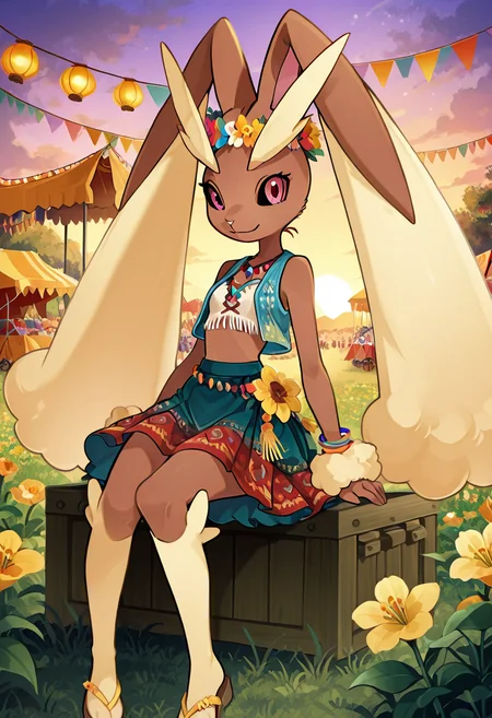 masterpiece, best quality, no humans, smile, looking at viewer, narrow waist, wide hips, sitting,    [Boho Chic Festival], zzLopunny, light brown fur, long ears, slender figure, 1girl, solo, fringe vest, flowy skirt, flower crown, sandals, colorful bracelets, open field, sunset, festival tents, carefree vibe â zzLopunny stands in the golden light of the setting sun, her flower crown nestled atop her long ears, surrounded by the soft hum of festival music. Her fringe vest sways with every movement, and her flowy skirt dances in the gentle breeze. The colorful bracelets on her wrists clink together as she smiles, a carefree spirit amid the open field and festival tents, embracing the warmth of the moment.   <lora:LopunnyPokedex_IXL:1.0>,  C0utur3Cr4z3, <lora:CoutureCraze_IXL:0.6>,
