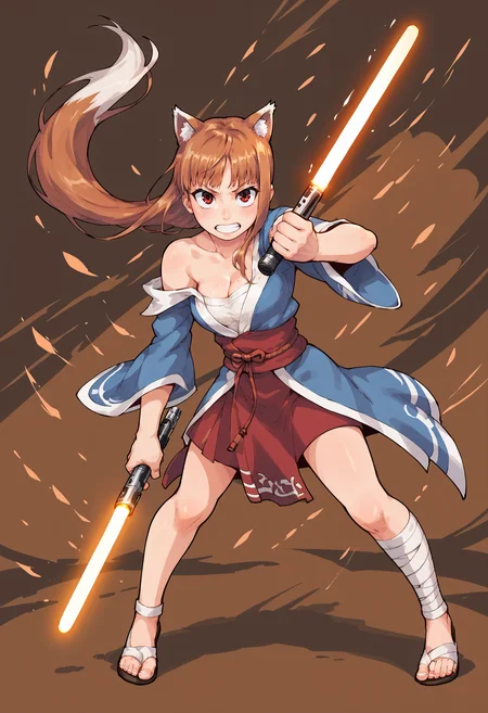 score_9, score_8_up, score_7_up, score_6_up, score_5_up, source_anime, jedi, holo from spice and wolf, holding lightsaber,, cleavage, fighting stance,        <lora:tamanoi_v2:0.5> tamanoi    <lora:Qewie_Pony_Style:0.6> <lora:TytoAlba_Style_PonyXL_v1:0.6>