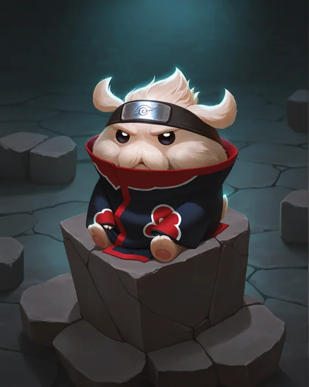 lorsty, white poro, uchiha itachi (cosplay:1.3), forehead protector, akatsuki uniform, no humans, sitting, stone chair, looking at viewer, dark theme, concrete wall
masterpiece, best quality, highres, absurdres
<lora:LegendOfRuneterra_ILXL:1>