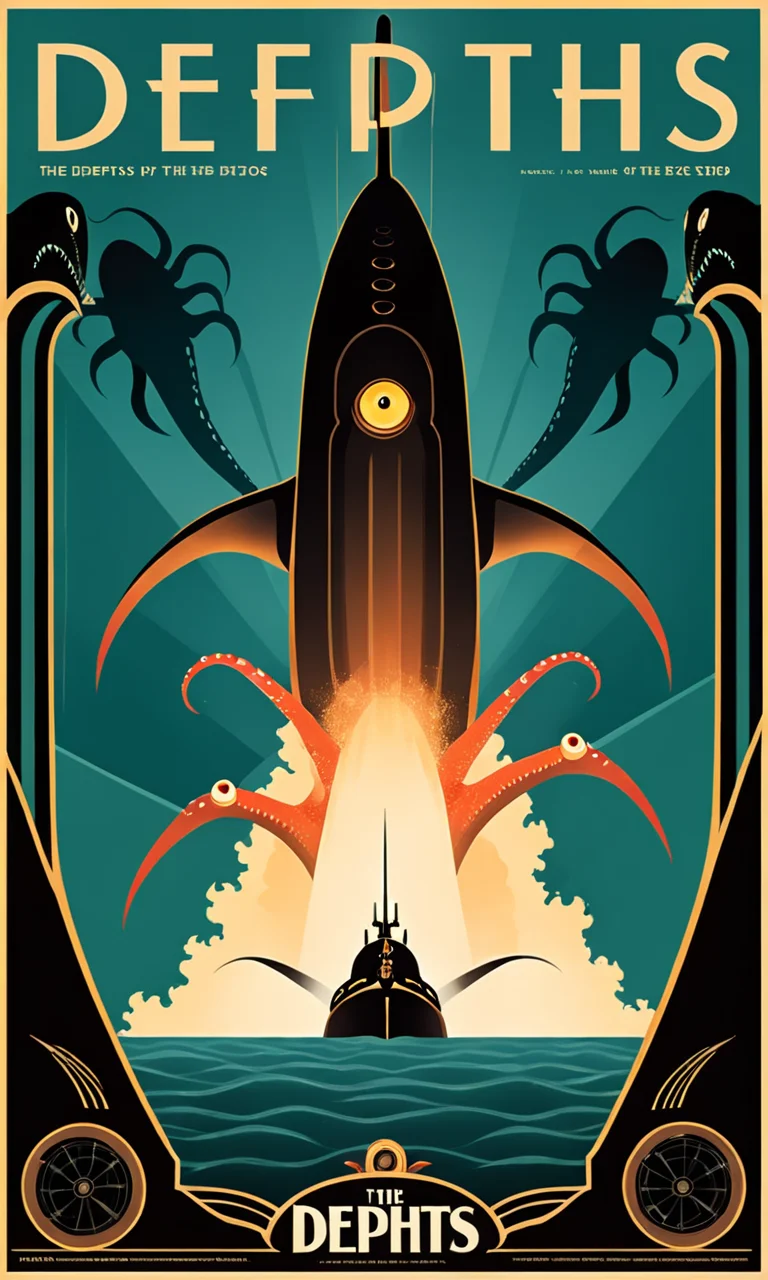 movie poster submarine being attacked by squid monster, Text:" The Depths", <lora:artdecopostsdxl:0.8>, art deco style