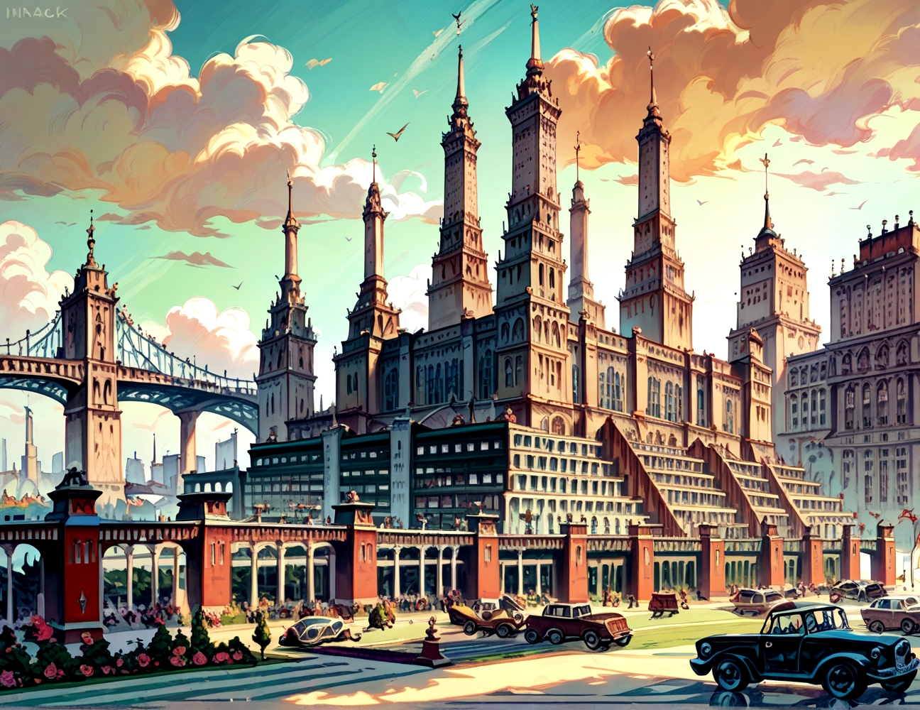 score_9, score_8_up, score_7_up,
<lora:Soviet_Gothic_(Architecture)_(Pony)_(AD):0.8> Soviet Gothic, monumental architecture, architecture, city, cityscape, scenery, building, skyscraper, 
8K, In'ei, chiaroscuro, rim lighting, perfect depth of field shot, beautiful, subsurface scattering, idealized city, wide beautiful boulevards, busy city center, parks and manicured lawn areas, large parks, plazas, detailed fluffy anime clouds, skyscrapers, made out of limestone, gothic style, photographic realism, soft lighting, soft shading,  art by Thomas Kinkade, Soviet, Communist, 
BREAK zPDXL, zPDXLxxx, <lora:wowifierXL:0.2> art by mooncryptowow <lora:sdxl_lightning_8step_lora:0.4> <lora:detailed_notrigger:0.5>