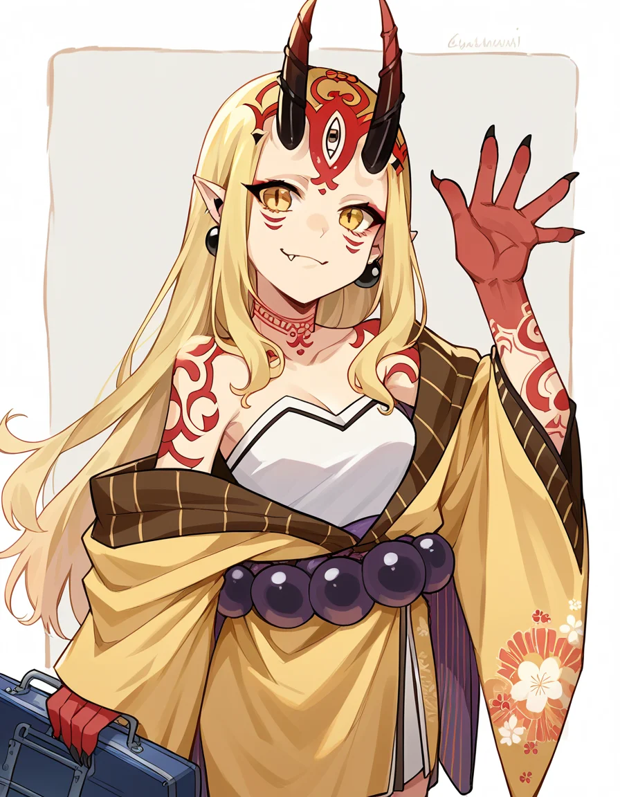 score_9, score_8_up, score_7_up, source_anime, <lora:fgo-ibaraki-douji-ponyxl-lora-nochekaiser:1>, ibaraki douji, blonde hair, facial mark, fang, forehead, horns, long hair, oni, oni horns, pointy ears, yellow eyes,, earrings, japanese clothes, jewelry, kimono, leg tattoo, neck tattoo, oni, oni horns, shoulder tattoo, tattoo, yellow kimono,, airport, waiting area, suitcase, flight delayed, passengers, reading book, smile, , hand waving, solo,, cowboy shot, dutch angle
