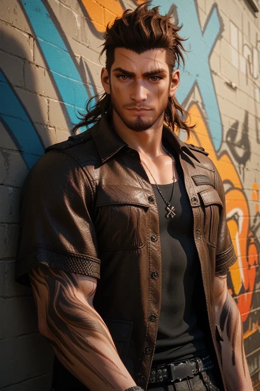 score_9, score_8_up, score_7_up,
<lora:FFGladiolus:0.8>
FFGladiolus, 1boy, brown hair, brown eyes, beard, scar, looking at viewer, standing in front of a graffiti-covered wall, vibrant street art, urban vibe, sharp jawline, soft ambient lighting