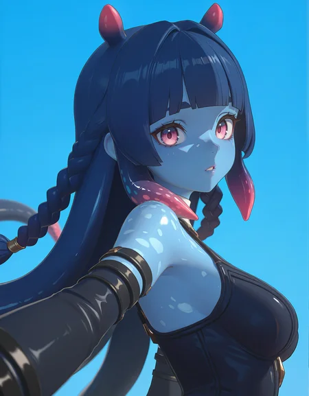 masterpiece, best quality, newest, highres, absurdres, <lora:Z_Style:1>,3d,1girl, solo, blue background, looking at viewer, upper body, pink eyes, tentacle hair, bangs, blue theme, braid, monster girl, colored skin, parted lips, blunt bangs, simple background, blue hair, tentacles, from side, long hair, depth of field, foreshortening, dynamic pose, dappled sunlight, scenery,