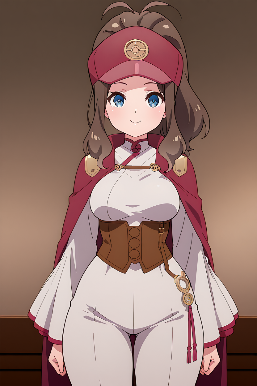 masterpiece, best quality, medium breasts, (curvy),  ,,, BREAK, zzHilda, blue eyes, long hair, high ponytail, sidelocks, <lora:HildaPokemonIXL_e08:1.0>,BREAK,  smile, looking at viewer, cowboy shot,   <lora:PrimaDoll_Style_IXL:1.0>,