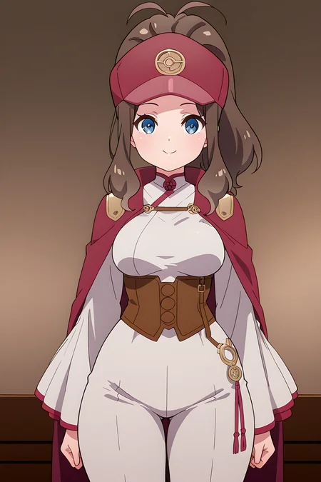 masterpiece, best quality, medium breasts, (curvy), ,,, BREAK, zzHilda, blue eyes, long hair, high ponytail, sidelocks, <lora:HildaPokemonIXL_e08:1.0>,BREAK, smile, looking at viewer, cowboy shot, <lora:PrimaDoll_Style_IXL:1.0>,
