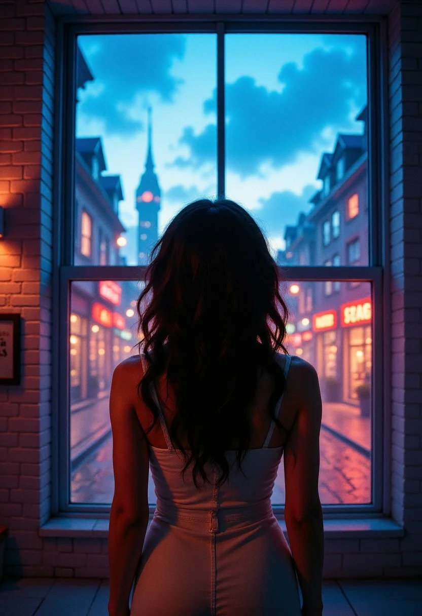 photograph, a woman with long, curly brown hair stands in front of a large window overlooking a psychedelic dreamscape. at Blue hour, Villagecore, Intentional Camera Movement, Ilford HP5+ 400, atmospheric perspective, Hypersaturated, aidmaHiDreamStyle , aidmagptimage
