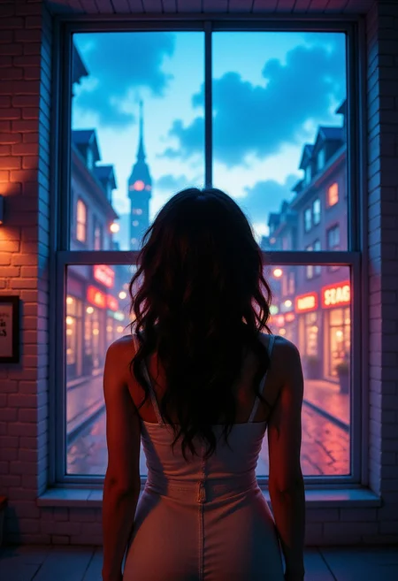 photograph, a woman with long, curly brown hair stands in front of a large window overlooking a psychedelic dreamscape. at Blue hour, Villagecore, Intentional Camera Movement, Ilford HP5+ 400, atmospheric perspective, Hypersaturated, aidmaHiDreamStyle , aidmagptimage