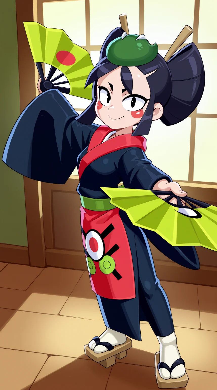 masterpiece, best quality, amazing quality, aesthetic, absurdres, best quality, 4k, upscale, indoors, (dynamic pose, foreshortening), kaze, solo, 1girl, black hair, japanese clothes, black eyes, smile, geta, dual wielding, hand fan, kimono, sandals, standing, apron, looking at viewer <lora:Kaze_IL:0.8>