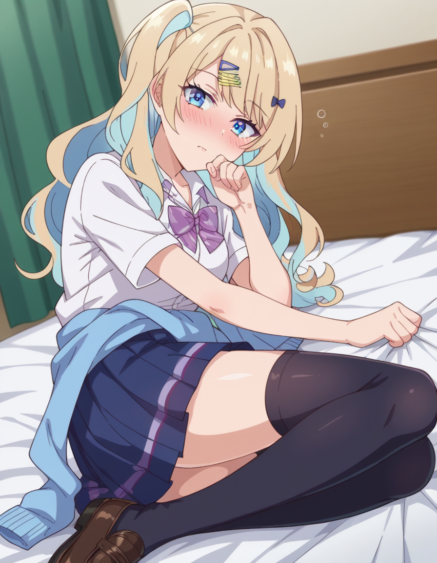 score_9, score_8_up, score_7_up, source_anime,
lunashirakawa, <lora:luna-shirakawa-s1-ponyxl-lora-nochekaiser:1>,
luna shirakawa, long hair, blue eyes, blonde hair, hair ornament, bow, multicolored hair, hairclip,
skirt, shirt, thighhighs, bow, school uniform, white shirt, pleated skirt, shoes, black thighhighs, bowtie, blue skirt, plaid, plaid skirt, loafers, purple bow, clothes around waist, gyaru, purple bowtie,
indoors, bed, bed room, on side, blush, drunk,
looking at viewer, dutch angle, cowboy shot,
