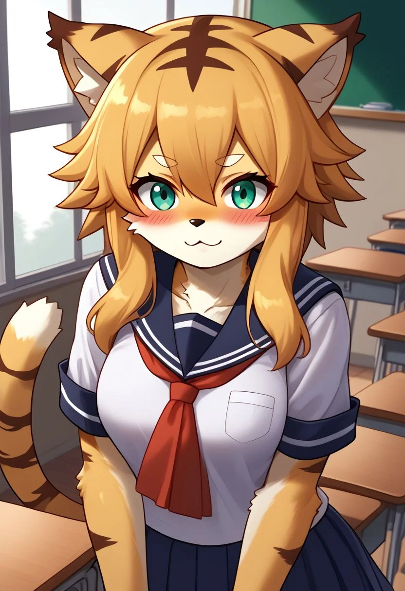 (absurdres), (highest quality), mia_(world_flipper), anime, furry, tiger, kemono, anthro, female, 1girl, solo, adorable, cute, blushing, grinning, alternate outfit, seifuku, school outfit, sailor outfit, classroom