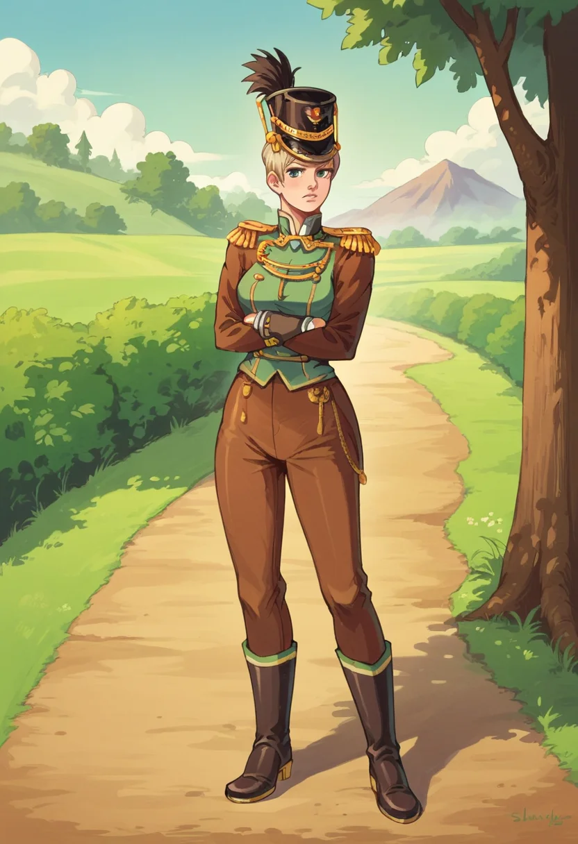 score_9,score_8_up,score_7_up,score_6_up,source_anime BREAK 1girl,(solo:1.1),very short hair,beige hair,liegelight,medium breasts, <lora:LiegeLightpony1a:0.85>,standing,straight on,facing viewer,crossed arms,uniform,military uniform,(green epaulettes),green shirt,brown jacket,brown pants,boots,hat,shako cap,outdoors,in farmer field,grey skies,village