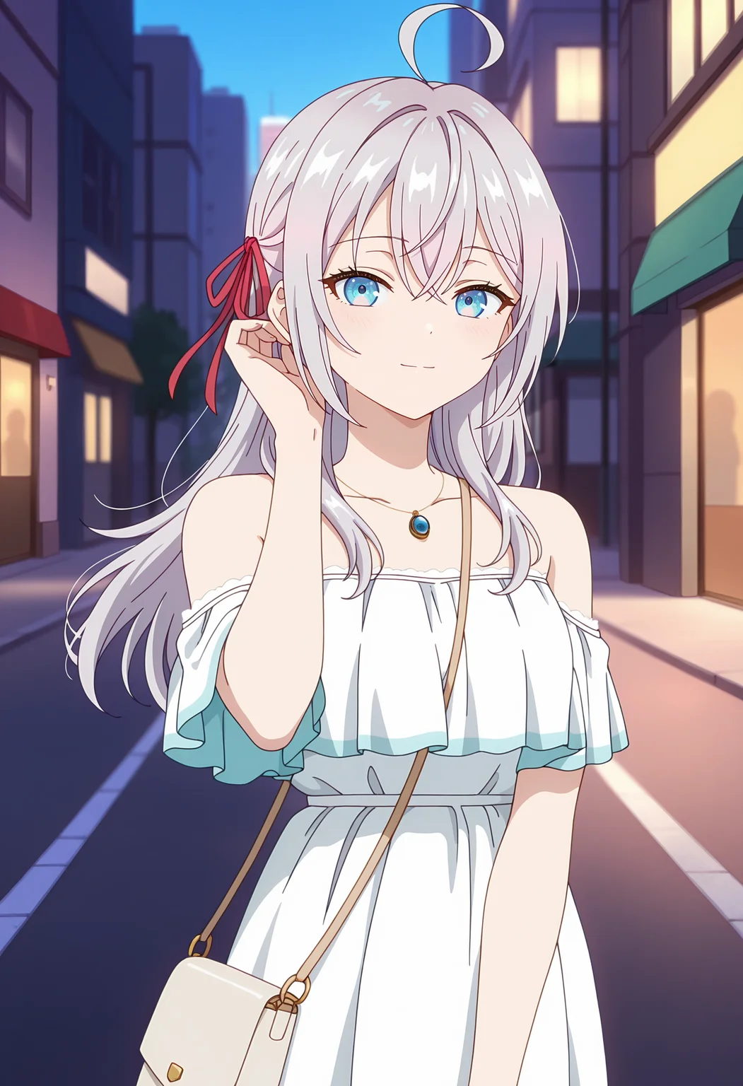 anime screencap, masterpiece, best quality,
<lora:Roshidere_KujouAlisaMikhailovna(Alya)_IlluXL:0.9>,
1girl, solo, closed mouth, light smile, light blush, adjusting hair,
long hair, grey hair, ahoge, crossed bangs, blue eyes, hair ribbon, red ribbon,
AlyaCasualTwo, bare shoulders, multicolored outfit, off-shoulder dress, white dress, pendant,
shoulder bag,
v arms, standing, looking at viewer,
blurry background, outdoors, street, cityscape