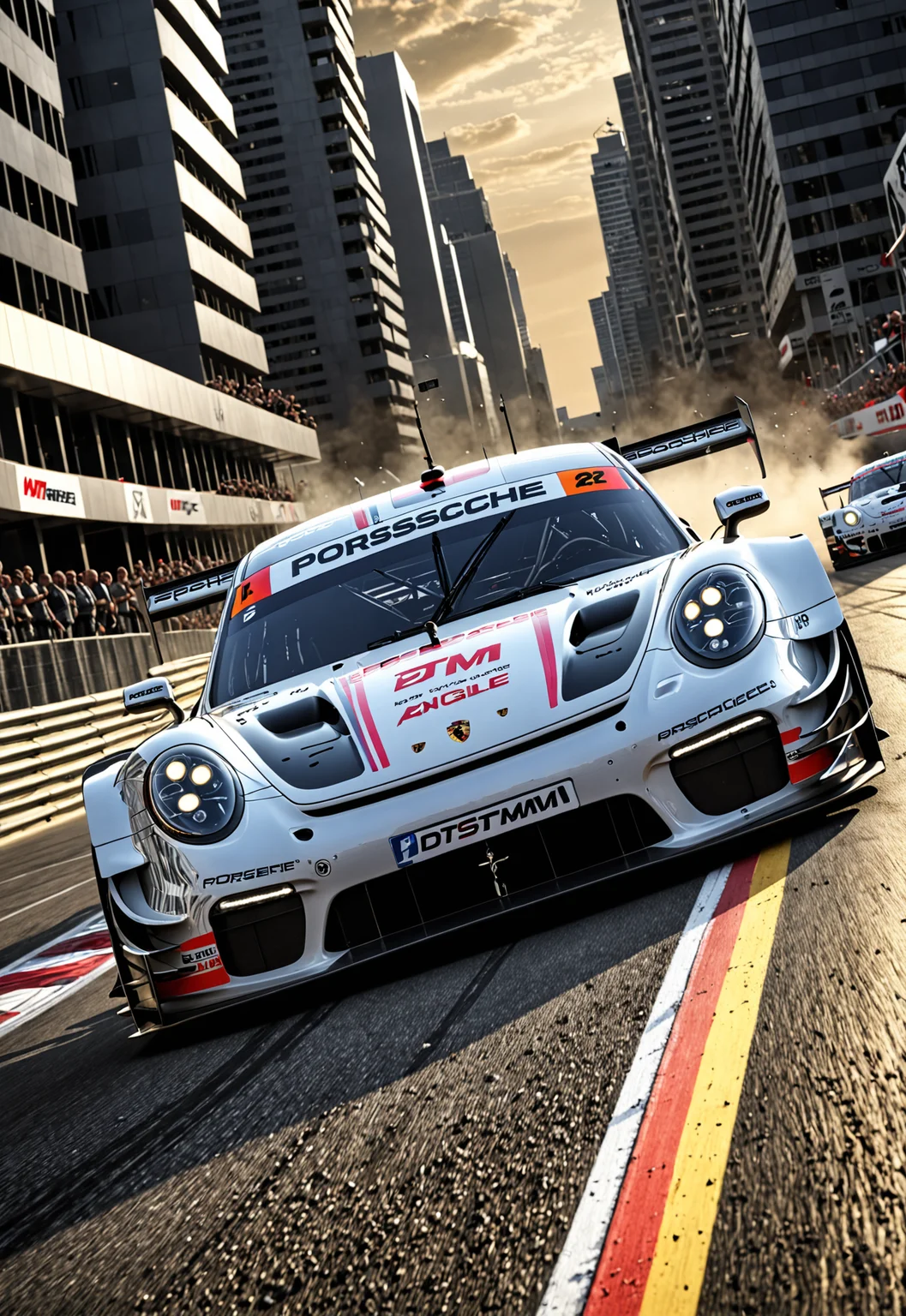 dynamic angle, masterpiece, award winning picture, Porsche DTM car racing, futuristic background, hyper detailed, intricate, poster, artstation, epic, ultra detail, intricate details, UHD