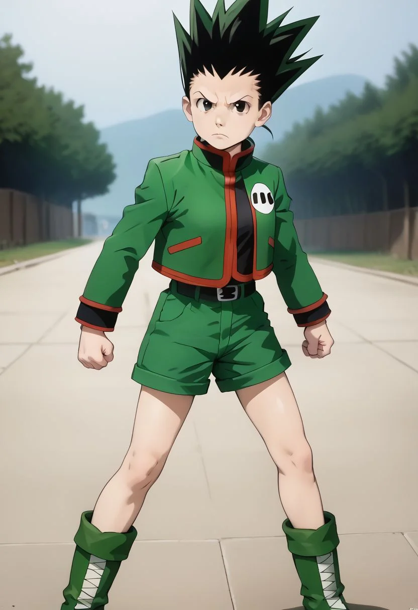 score_9, score_8_up, score_7_up, zPDXL, photorealistic, masterpiece, BREAK genderswap \(mtf\), Gon Freecss, HxH, solo, 1girl, small breasts, spiked hair, black hair, green hair, looking at viewer, long hair, serious expression, green Green jacket, green shorts, boots, green footwear, outdoors