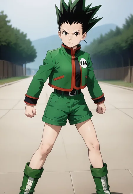 score_9, score_8_up, score_7_up, zPDXL, photorealistic, masterpiece, BREAK genderswap \(mtf\), Gon Freecss, HxH, solo, 1girl, small breasts, spiked hair, black hair, green hair, looking at viewer, long hair, serious expression, green Green jacket, green shorts, boots, green footwear, outdoors