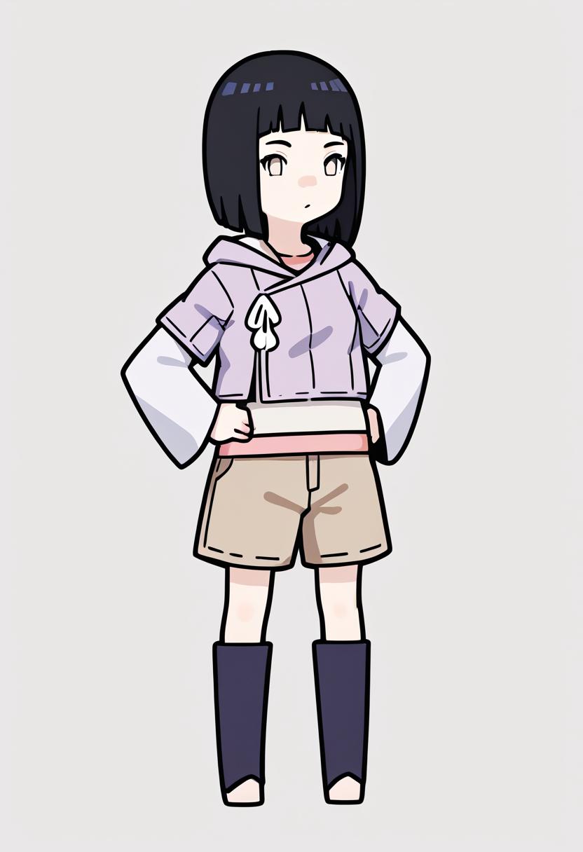 score_9, score_8_up, score_7_up, score_6_up, score_5_up, score_4_up, BREAK
1girl, chibi,
hinata_boru, bangs, short hair, black hair, hood down, hoodie, layered sleeves, brown shorts, toeless boots,
hands on hips, full body, standing, looking at viewer, solo, simple background, white background  <lora:RabbitAndSteelXLLocon:1>   <lora:HinataBorutoXL:1>
