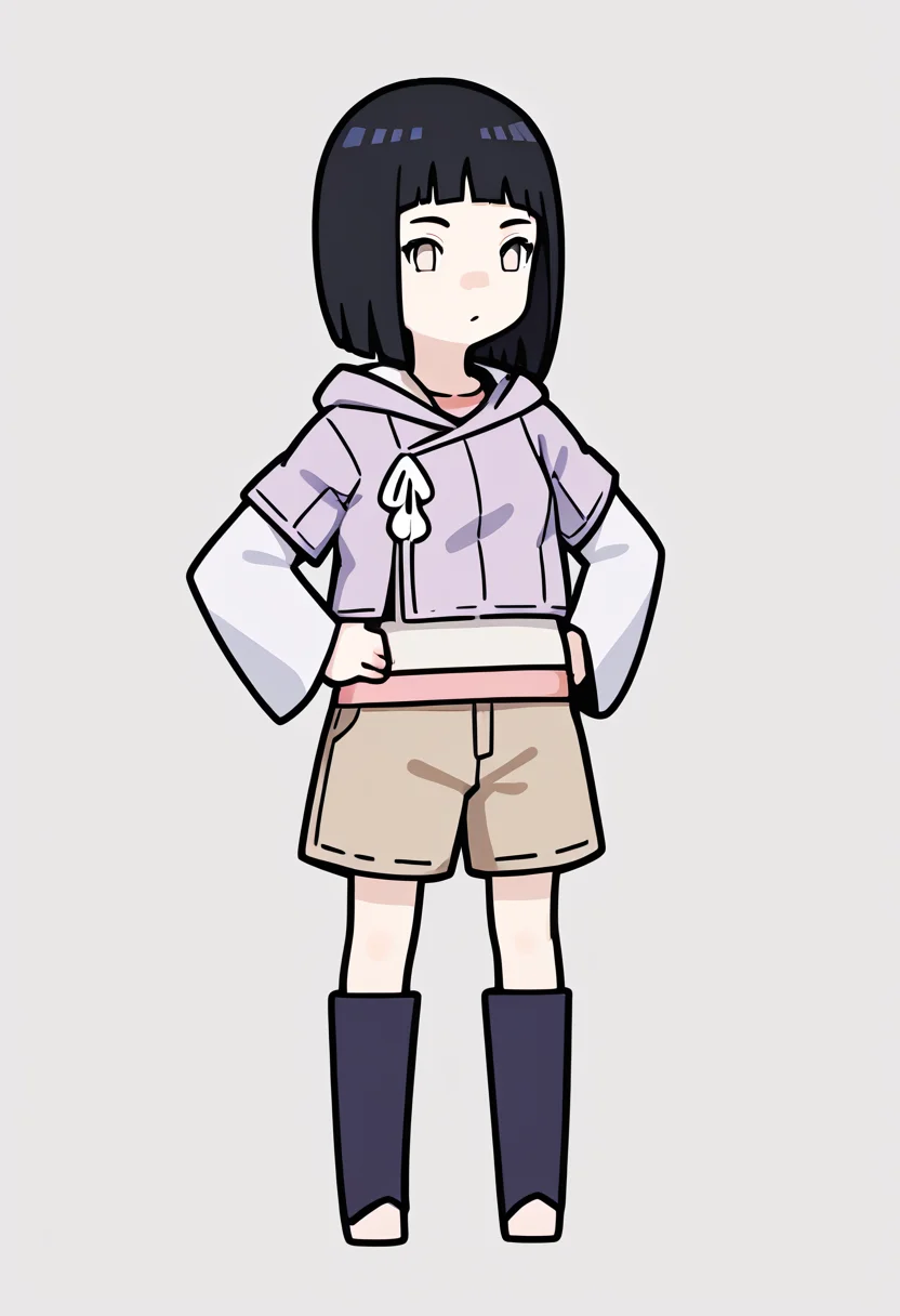 score_9, score_8_up, score_7_up, score_6_up, score_5_up, score_4_up, BREAK
1girl, chibi,
hinata_boru, bangs, short hair, black hair, hood down, hoodie, layered sleeves, brown shorts, toeless boots,
hands on hips, full body, standing, looking at viewer, solo, simple background, white background  <lora:RabbitAndSteelXLLocon:1>   <lora:HinataBorutoXL:1>