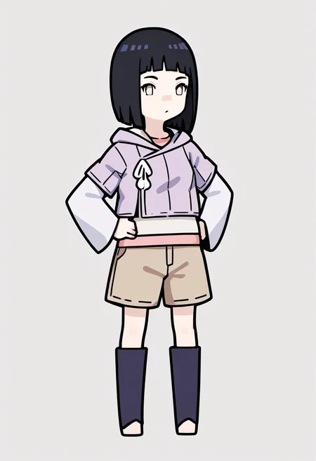 score_9, score_8_up, score_7_up, score_6_up, score_5_up, score_4_up, BREAK
1girl, chibi,
hinata_boru, bangs, short hair, black hair, hood down, hoodie, layered sleeves, brown shorts, toeless boots,
hands on hips, full body, standing, looking at viewer, solo, simple background, white background <lora:RabbitAndSteelXLLocon:1> <lora:HinataBorutoXL:1>
