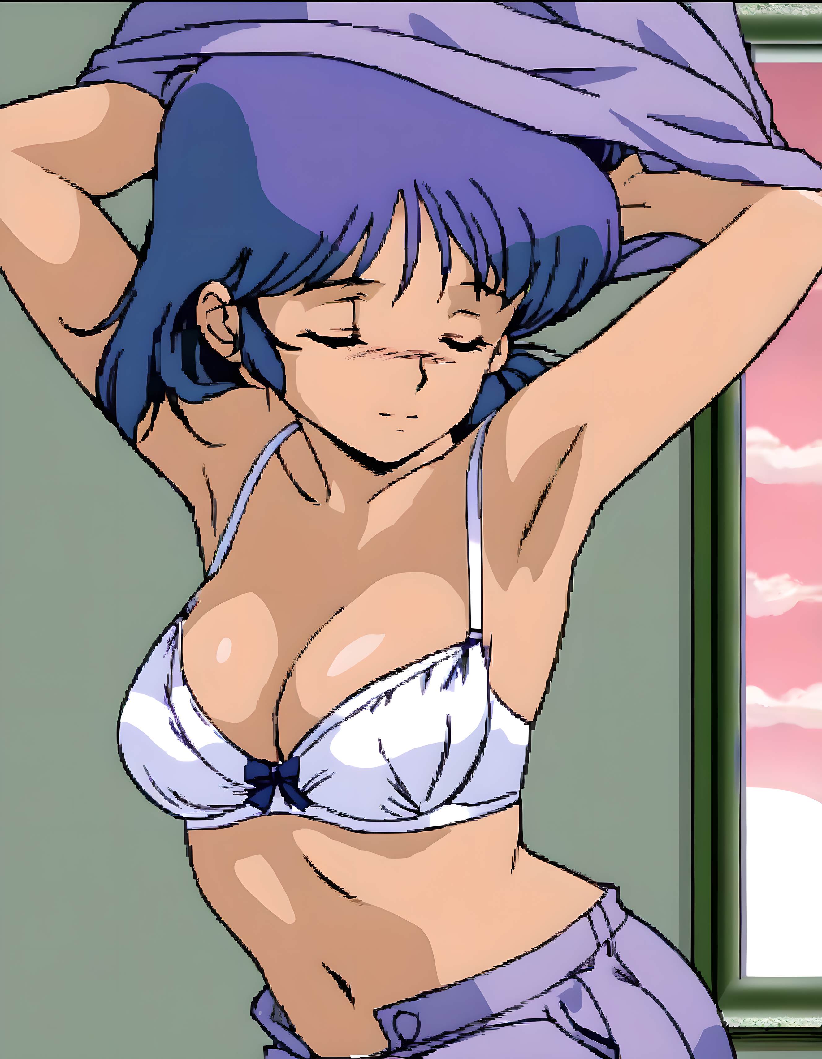 <lora:pony_xl_kasumi:0.9>,kasumi,score_9,source_anime,1girl,best quality,masterpiece,super fine illustration,solo,indoor,bed_sheet,window_,curtains,closed eyes,closed mouth,undressing,collarbone,cleavage,navel,armpits,arms up,underwear,upper body,bra,white bra,bow bra,purple shirt,purple shorts,