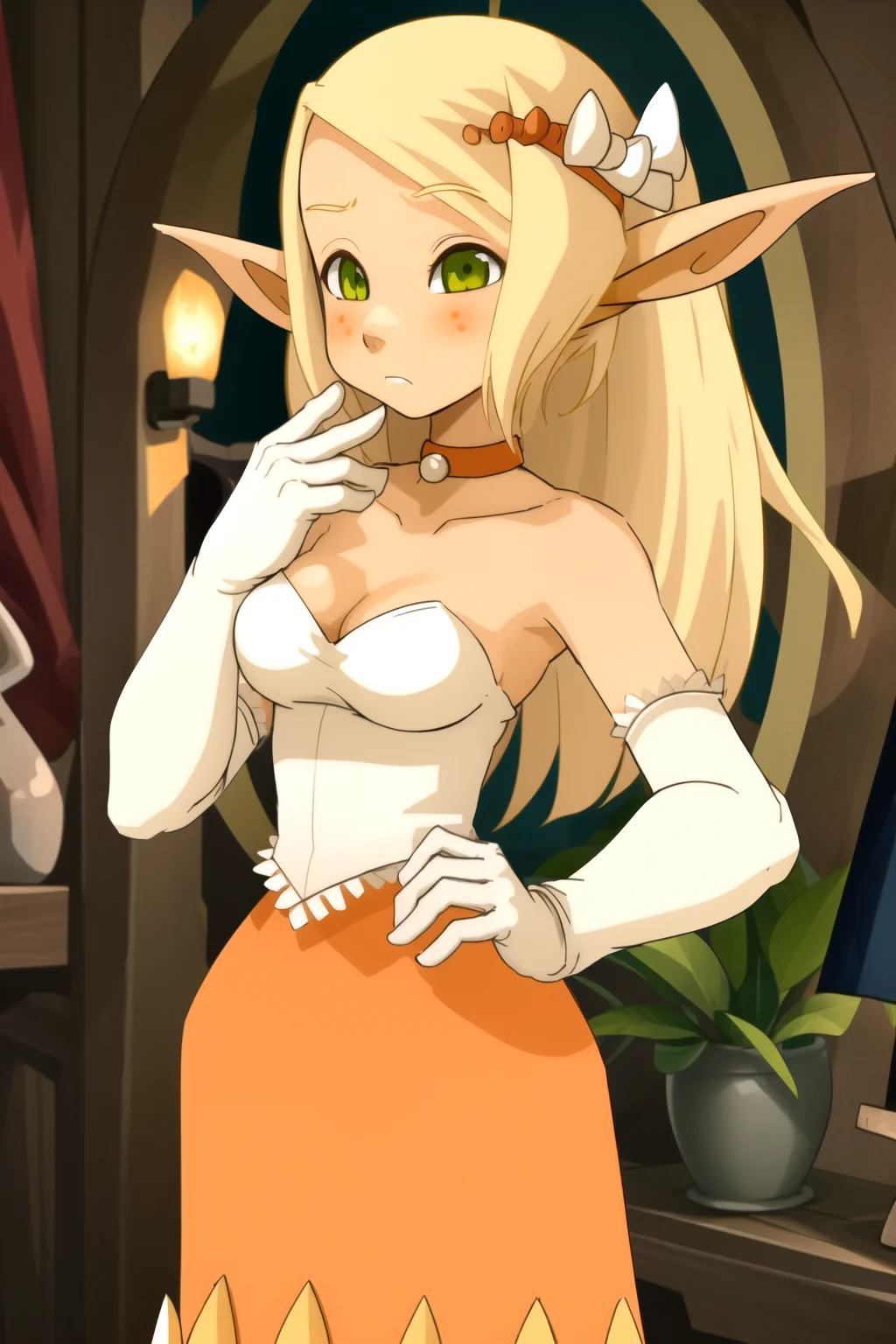 masterpiece, best quality, evangelynedress, 1girl, bare shoulders, blonde hair, blush, bow, breasts, choker, cleavage, dress, elbow gloves, elf, gloves, green eyes, hair bow, long hair, medium breasts, orange dress, orange skirt, pointy ears, skirt, solo, strapless, strapless dress, white gloves <lora:Evangelynev1:1>
