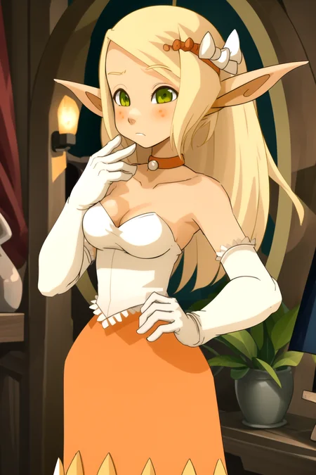 masterpiece, best quality, evangelynedress, 1girl, bare shoulders, blonde hair, blush, bow, breasts, choker, cleavage, dress, elbow gloves, elf, gloves, green eyes, hair bow, long hair, medium breasts, orange dress, orange skirt, pointy ears, skirt, solo, strapless, strapless dress, white gloves <lora:Evangelynev1:1>