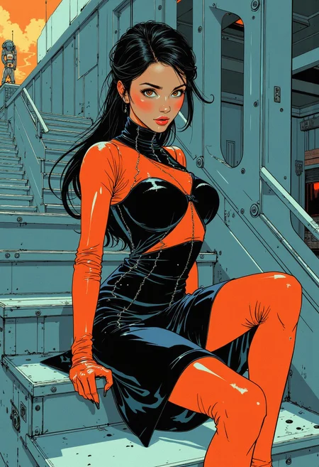 A close-up, hyper-realistic portrait of a young woman in her early 30s, perched confidently on a dramatic, angular staircase of polished metal. She dons an avant-garde, asymmetrical dress featuring bold, geometric patterns that form a striking silhouette, each edge defined and intentional. Her expression radiates fierce determination, her eyes focused and intense, with a slight tilt of her chin that emphasizes her strength. Her hair is swept up in a sleek, modern updo, adding a touch of elegance to her edgy look. The camera angle centers on her face and upper body, capturing the intricate contrast between her fashion-forward outfit and the sleek, cold lines of the metallic staircase. Sharp reflections of light bounce off the polished metal, enhancing the sharp angles and adding depth to the scene, while gritty textures lend a retro-futuristic, gritty ambiance to the portrait.
anime_martz, anime_retro, i see red, DnD_Grainyboyz, grainy, noise, 1970’s dark fantasy artwork, dark cyberpunk art