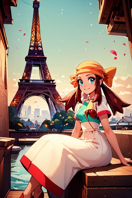 score_9, score_8_up, score_8, medium breasts, (curvy), cute, eyelashes, BREAK, , zzMelody, twintails, dress, bandana, white short sleeves, <lora:Melody_Pokemon_PDXL:1.0>, , BREAK, zzEiffelTower in background, sitting, watercraft, boat, sitting on wall, side view, looking at viewer, smile, BREAK, blooming stars, luminescent petals, otherworldly fragrance blurry background, embedding:zPDXL, Expressiveh, <lora:EiffelTowerPDXL:1.0>, <lora:CatalystStylePDXL:0.6>, <lora:SDXLFaeTastic2400:0.5>, <lora:Expressive_H-000001:0.4>,