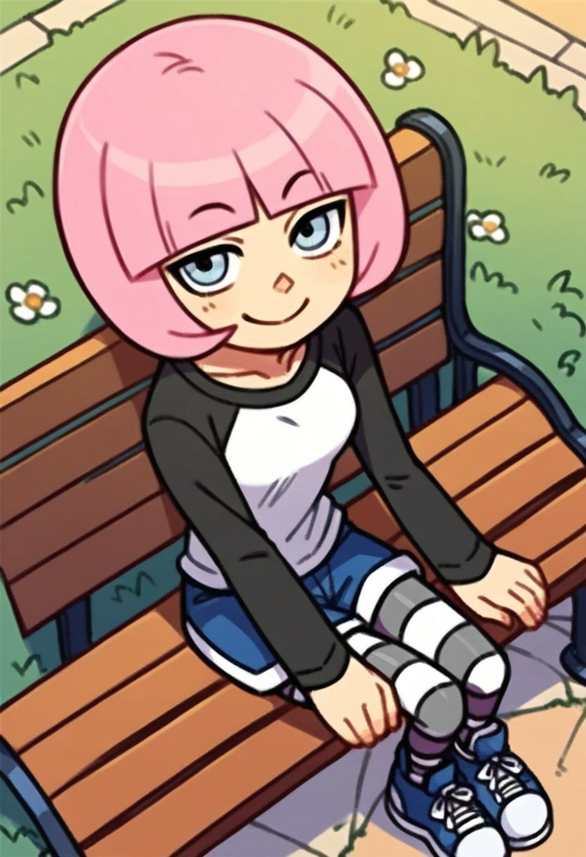 score_9_up, score_8_up, score_7, 1girl, solo, hg1rl, pink hair, short hair, shirt, raglan sleeves, long sleeves, blue shorts, striped pantyhose, blue sneakers, looking at viewer, smile, outdoors, bench, sitting, above angle