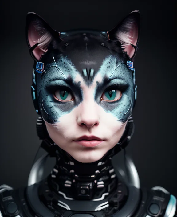 coulchat, raw candid cinema photography portrait, a woman cat, (photo in Dark alleyway:1.2) Middle Eastern Blue Sapphire Neela Hydrogen Cyberparadism automatic black, by Mark Ryden, ultra realistic textured skin, skin pores, hard focus, film grain, photographed with a Sony a7 III Mirrorless Camera, by photographer (azure:1.2) <lora:epiNoiseoffset_v2:0.7> <lora:lora_coulchatV3:1>