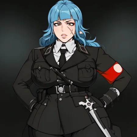 score_9, score_8_up, score_8, anime style, source_anime, BREAK, Kunaboto, 2d, anime, scar on the face, burn on the face, sexy face, makeup, eyeshadow, gyaru girl, bimbo girl, bimbo lips,thighs lips, blue hair,long hair, right eye is orange, left eye is blue ) 1girl,solo busty female, venus body, upper body, wide hips, thick thighs, big hips, huge breasts, huge ass, voluptuous,
slutty, curvy, bottom heavy, erected nipples, covered nipples, little muscular, small waist, big ass, big thighs, busty, curvaceous, curvy figure, hourglass figure, huge ass, large ass, thick hips, thick legs, top heavy, voluptuous female, areola slip, plump, top heavy, areola, large areola, big butt, big nipples, breasts bigger than head, female only, huge areola, muscular thighs, nipple bulge, nipple outline, nipples visible through clothing, textless, thighs bigger than head, thighs bigger than torso, chubby female, curvy ass, puffy nipples, narrow waist, breasts bigger than torso, plump thighs, hands on hips, rating_safe, xssuniformx, military uniform, black jacket, long sleeves, necktie, shoulder strap, belt, black skirt , gloves, garrison cap, armband, knee boots, background battlefield