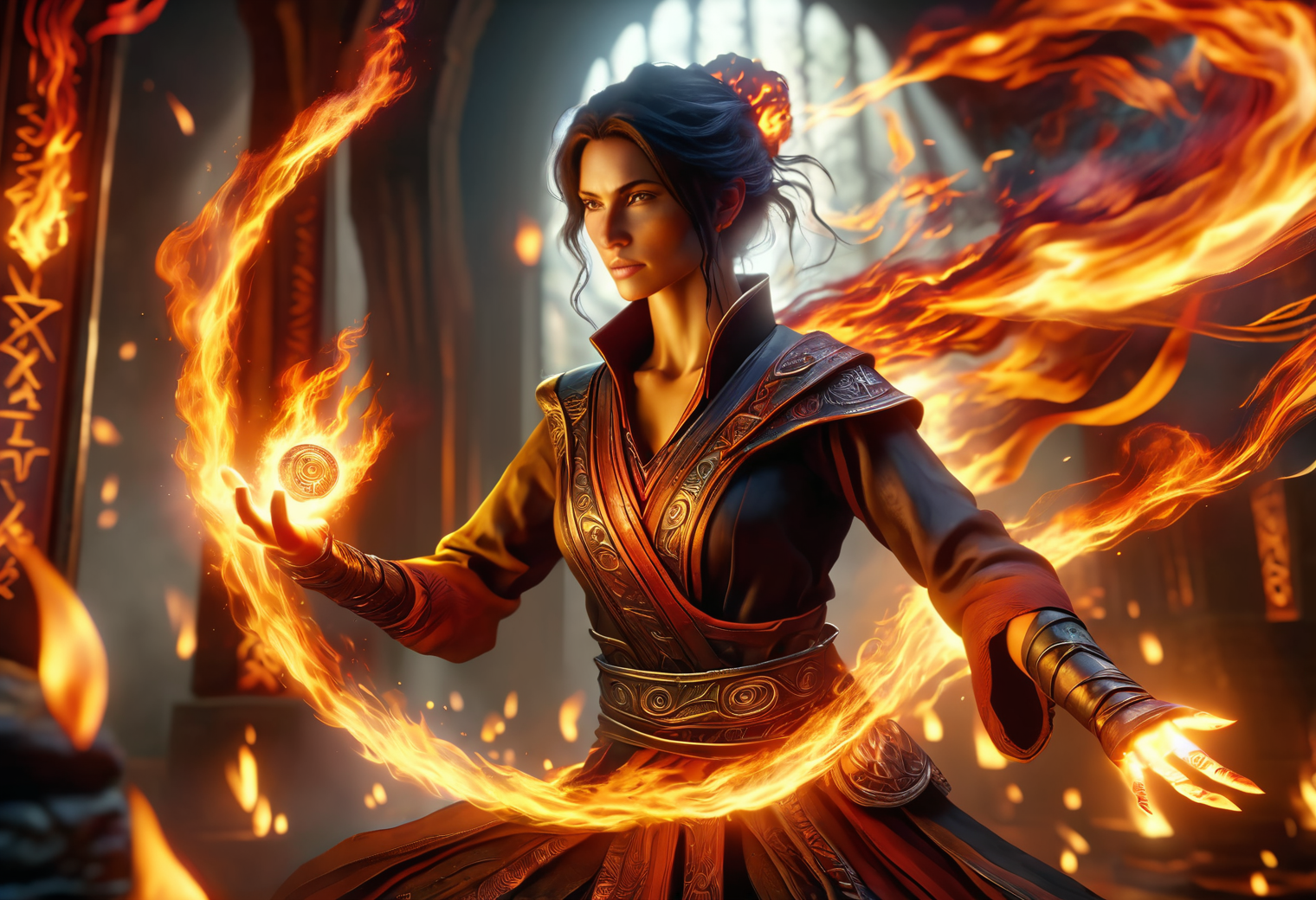 hyper detailed masterpiece, dynamic, awesome quality,female caster casting  blazing, encased in ever-shifting flames, glowing intensely with a spectrum of orange, red, yellow, casting a warm, flickering light, ancient runes DonMM4g1cXL <lora:DonMM4g1cXL_v1.2:1>