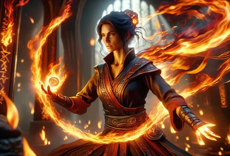 hyper detailed masterpiece, dynamic, awesome quality,female caster casting blazing, encased in ever-shifting flames, glowing intensely with a spectrum of orange, red, yellow, casting a warm, flickering light, ancient runes DonMM4g1cXL <lora:DonMM4g1cXL_v1.2:1>